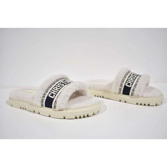 Christian Dior Dway Blue White Shearling Fur Logo Chunky Slide Flat Sandal 41 - Picture 4 of 12